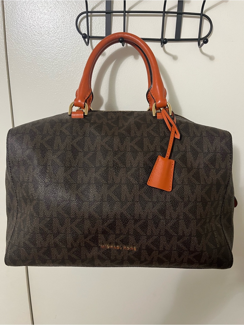 Michael Kors Brown Logo Satchel with Orange Handles